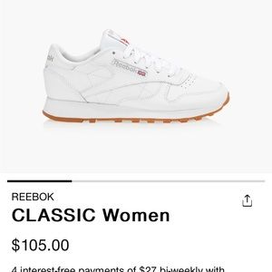 White Reebok Classic Women’s Sneakers, size 9